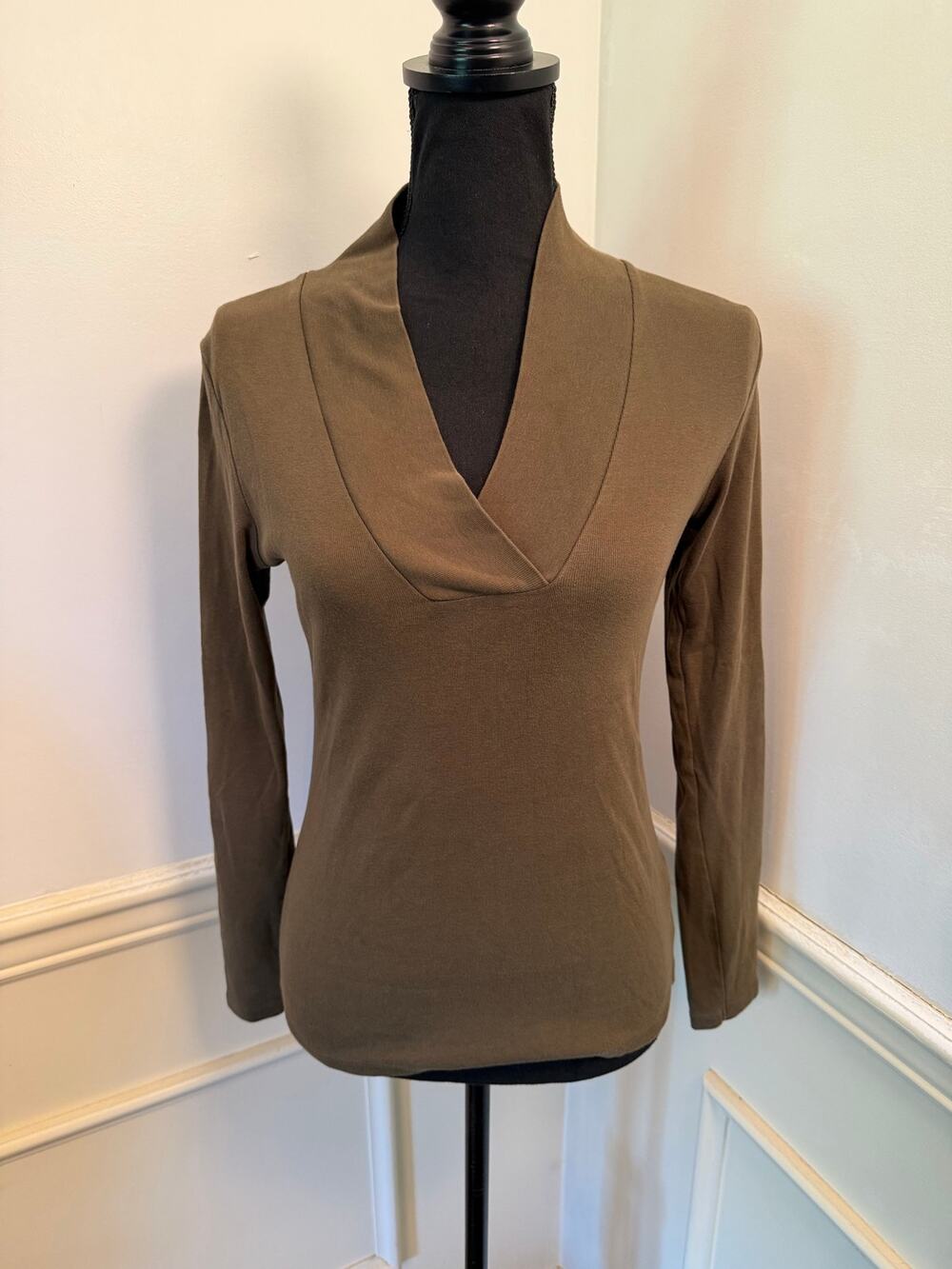 Lilla P 100% Cotton Long Sleeve Overlap V-Neck Top Olive Green Minimalist Layer